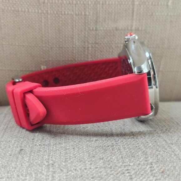 Michele Ladies Wristwatch Red Rubber Strap Analog Quartz 11 GEM Stones Watch - Picture 6 of 12